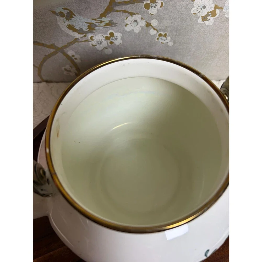 Vintage M Kamenstein Floral Enamel Teakettle White Brass Handle Tea Pot 1983